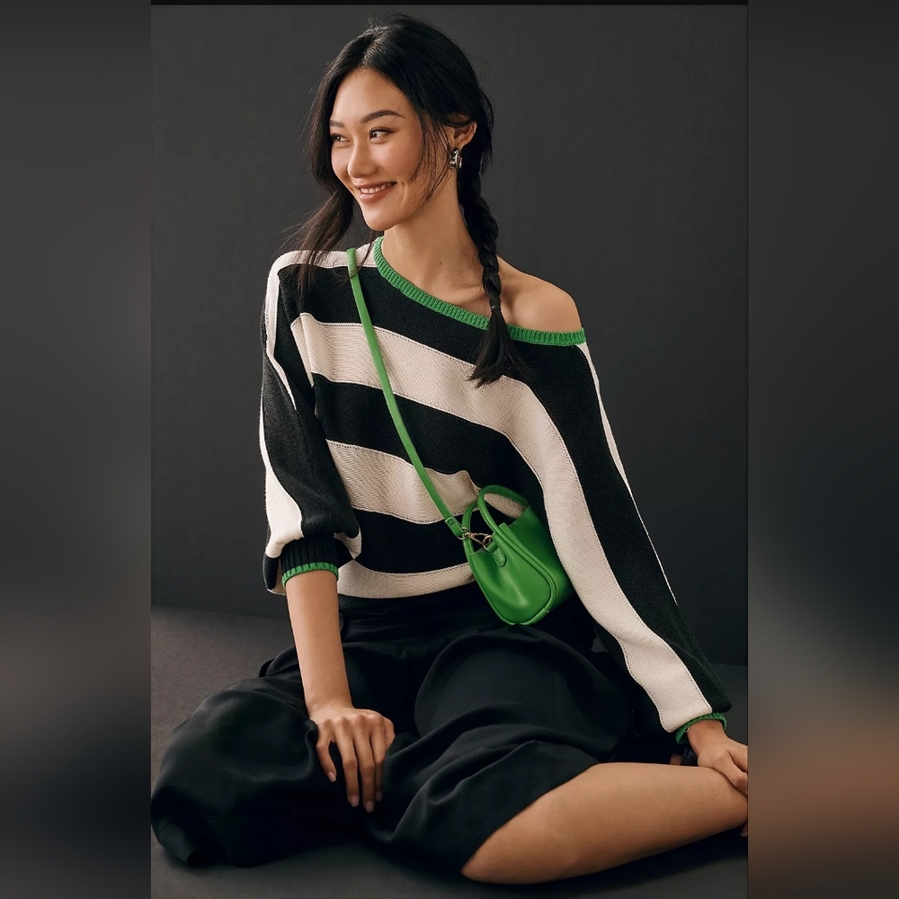Maeve Anthropologie Black White Stripe Green Trim Boat Neck Sweater Size Large - Picture 3 of 9